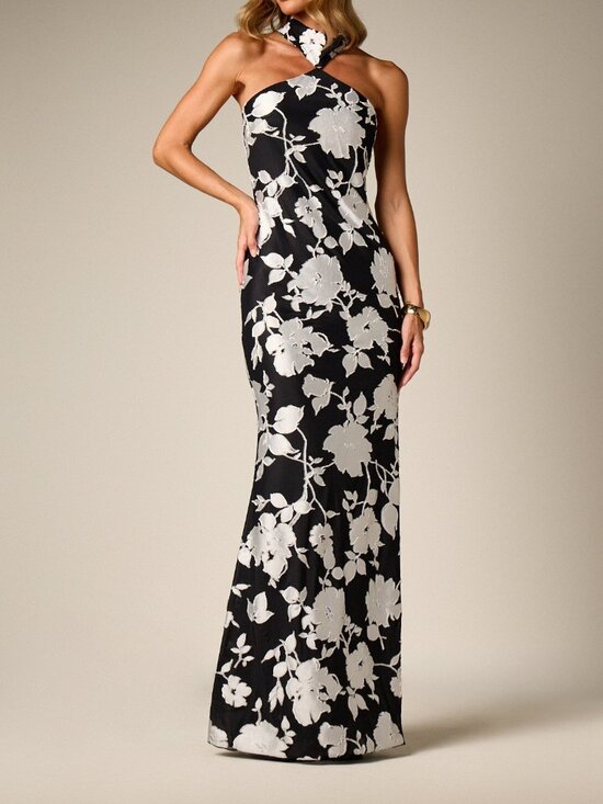MODA ME COUTURE Dresses & Skirts - Multicolor Elegant Women's Floral Jacquard Halter Neck Maxi Dress